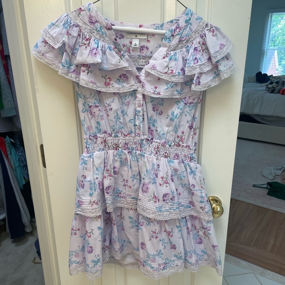 LOVE SHACK FANCY X TARGET purple floral mini ruffle dress. Size Medium